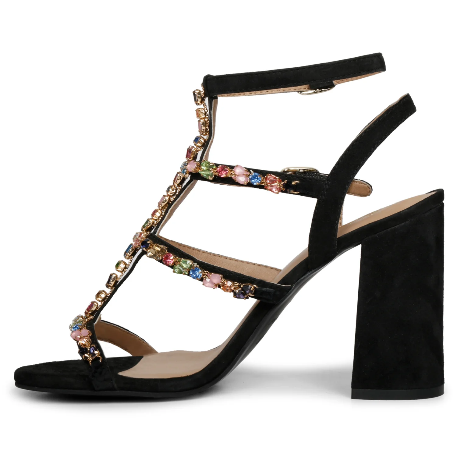 Saint Gretel Multi Stone Embellished Black Leather Cage Block Heels - Image 4
