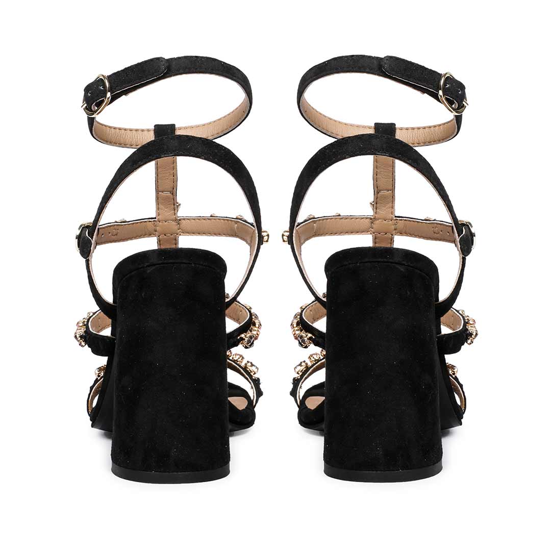 Saint Gretel Multi Stone Embellished Black Leather Cage Block Heels - Image 6
