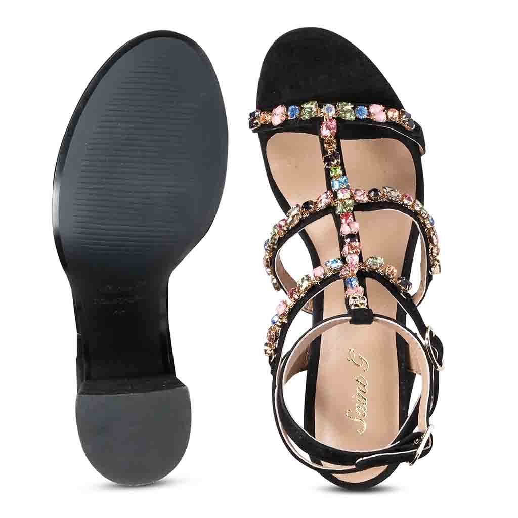 Saint Gretel Multi Stone Embellished Black Leather Cage Block Heels - Image 7