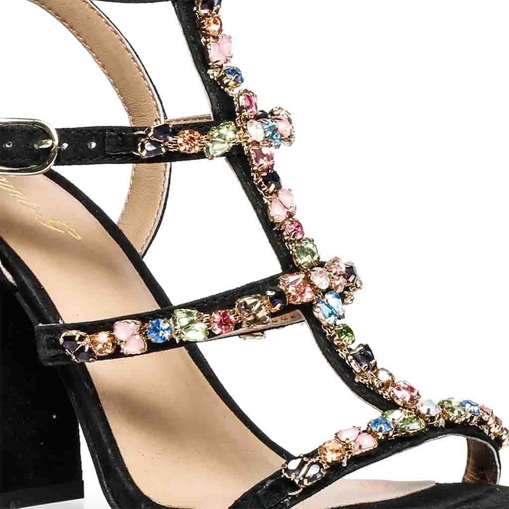 Saint Gretel Multi Stone Embellished Black Leather Cage Block Heels - Image 8