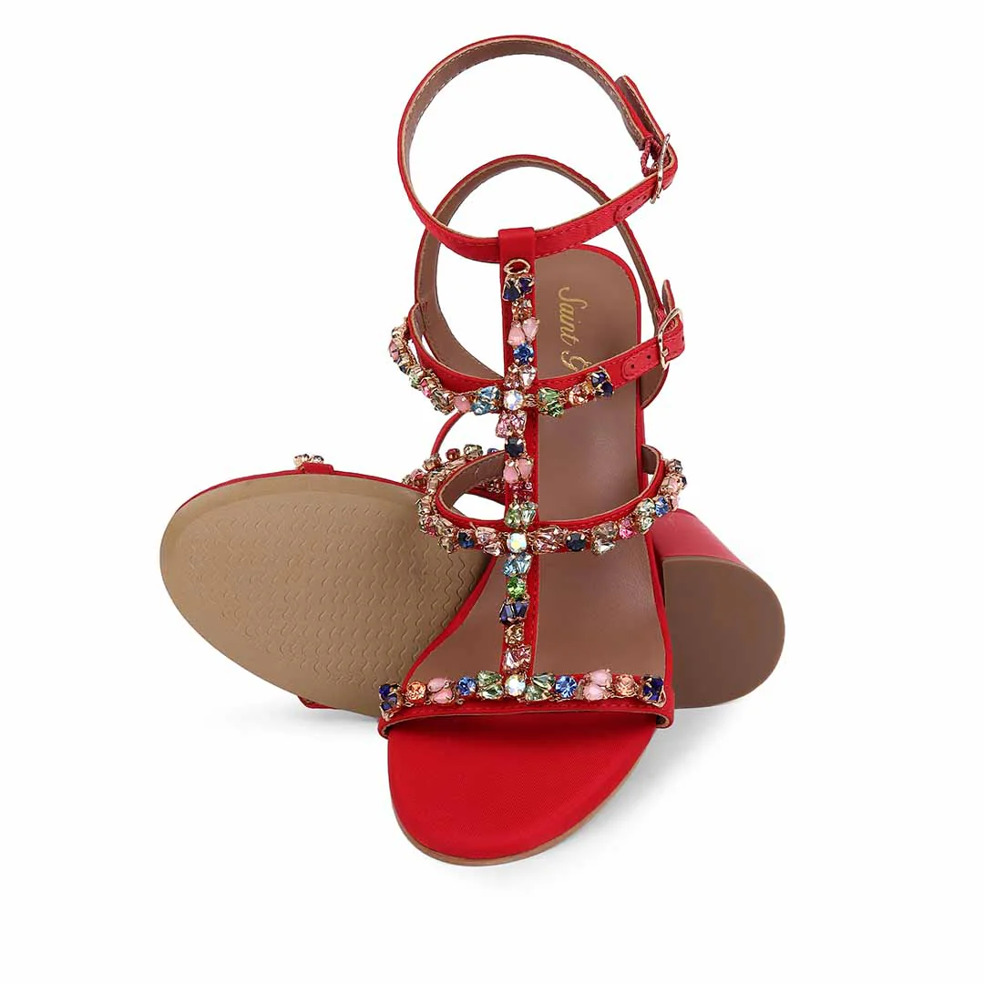 Saint Gretel Multi Stone Embellished Red Cage Block Heels - Image 3