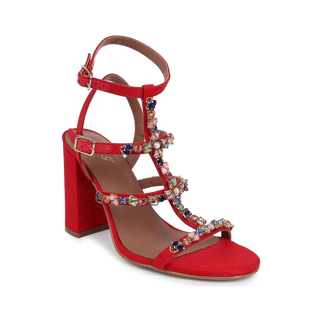 Saint Gretel Multi Stone Embellished Red Cage Block Heels - Image 4
