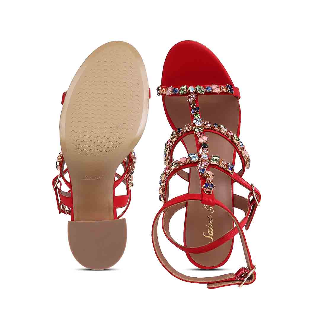 Saint Gretel Multi Stone Embellished Red Cage Block Heels - Image 7