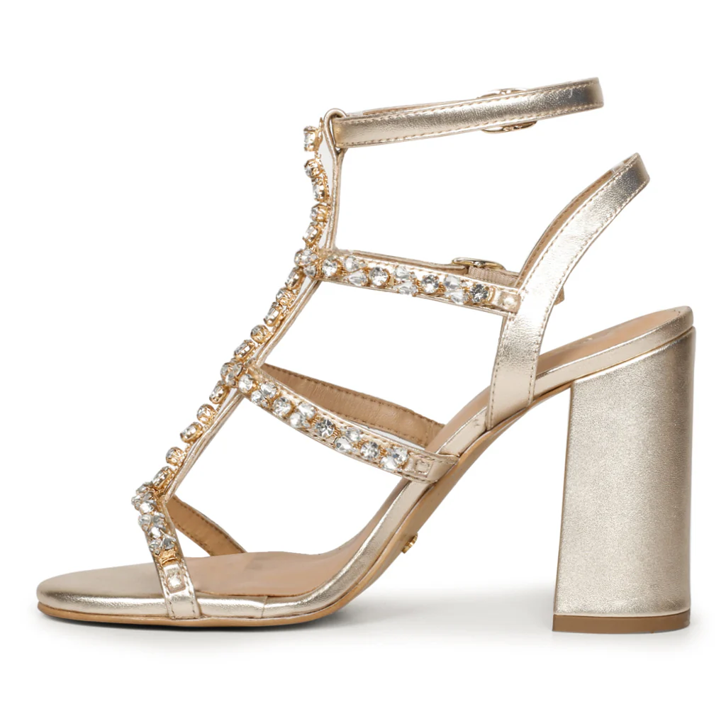 Saint Gretel Stone Embellished Gold Metallic Leather Cage Block Heels - Image 4
