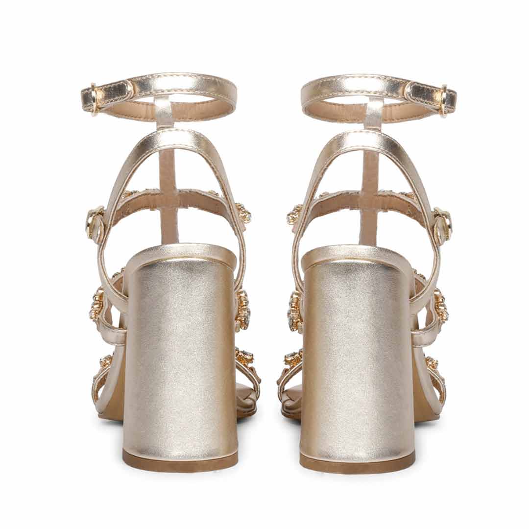 Saint Gretel Stone Embellished Gold Metallic Leather Cage Block Heels - Image 5