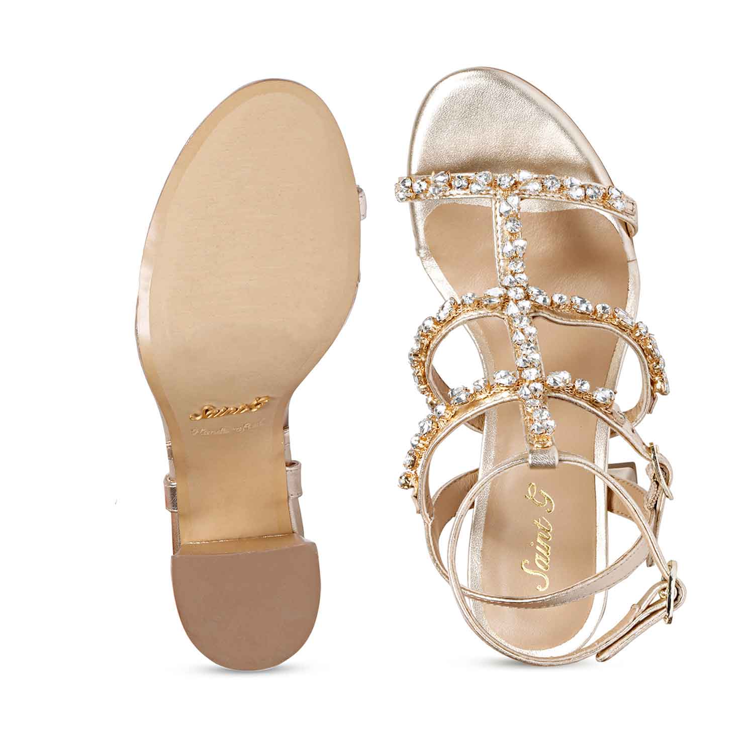 Saint Gretel Stone Embellished Gold Metallic Leather Cage Block Heels - Image 7