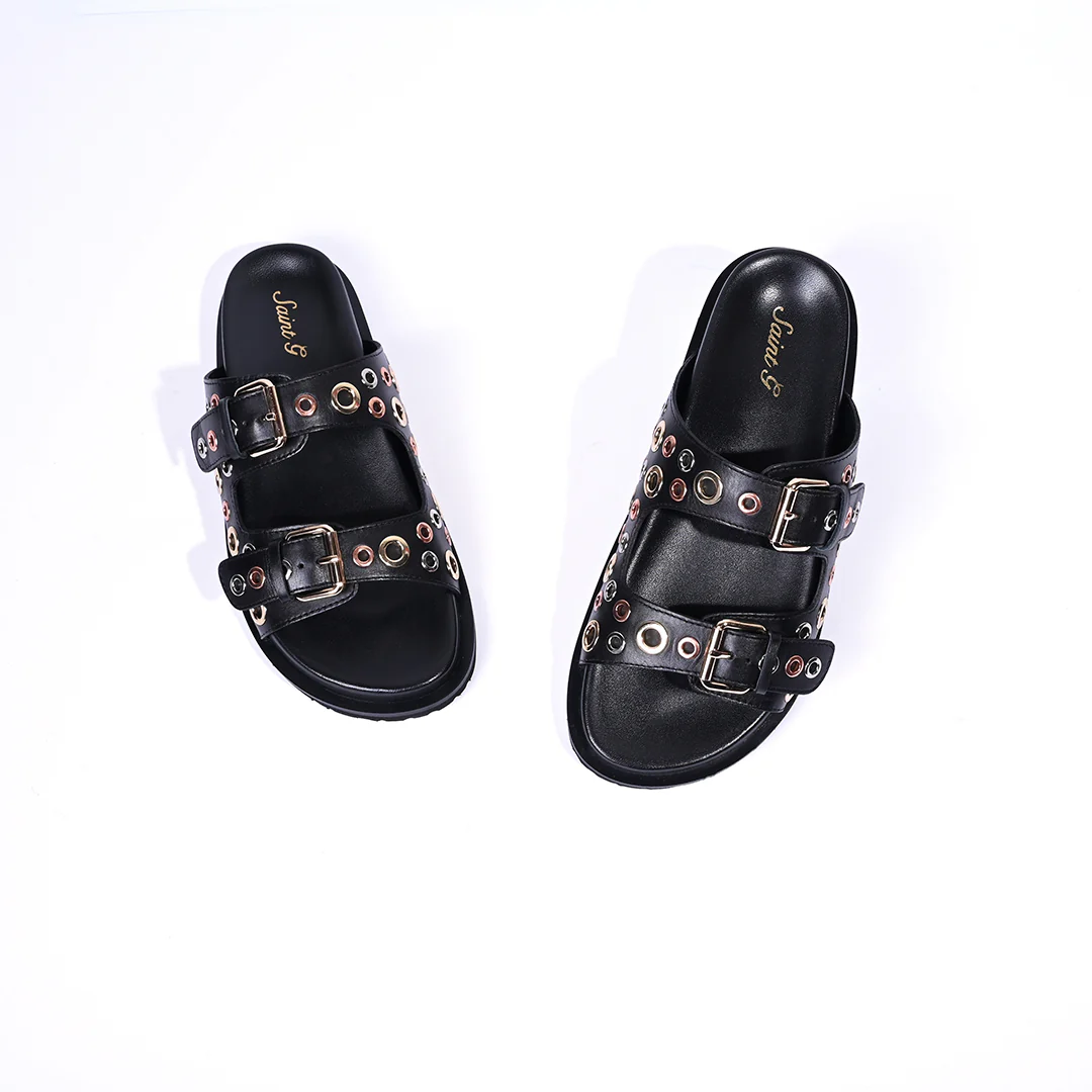 Saint Grethe Eyelets Black Leather Footbed Sandals - Image 2