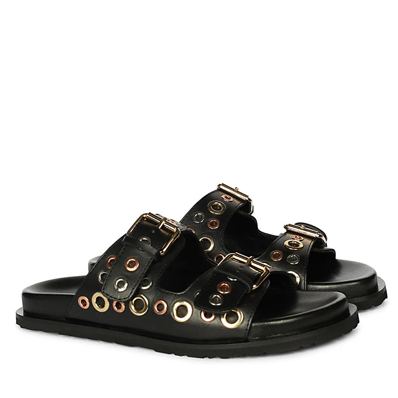 Saint Grethe Eyelets Black Leather Footbed Sandals - Image 3