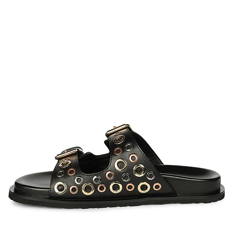 Saint Grethe Eyelets Black Leather Footbed Sandals - Image 4