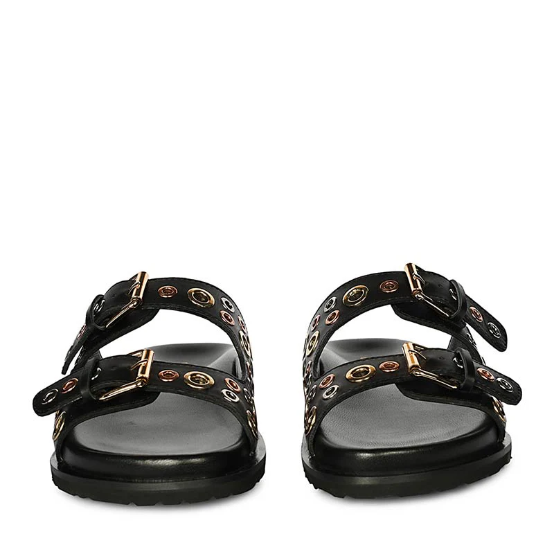 Saint Grethe Eyelets Black Leather Footbed Sandals - Image 5