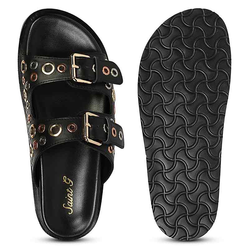 Saint Grethe Eyelets Black Leather Footbed Sandals - Image 7