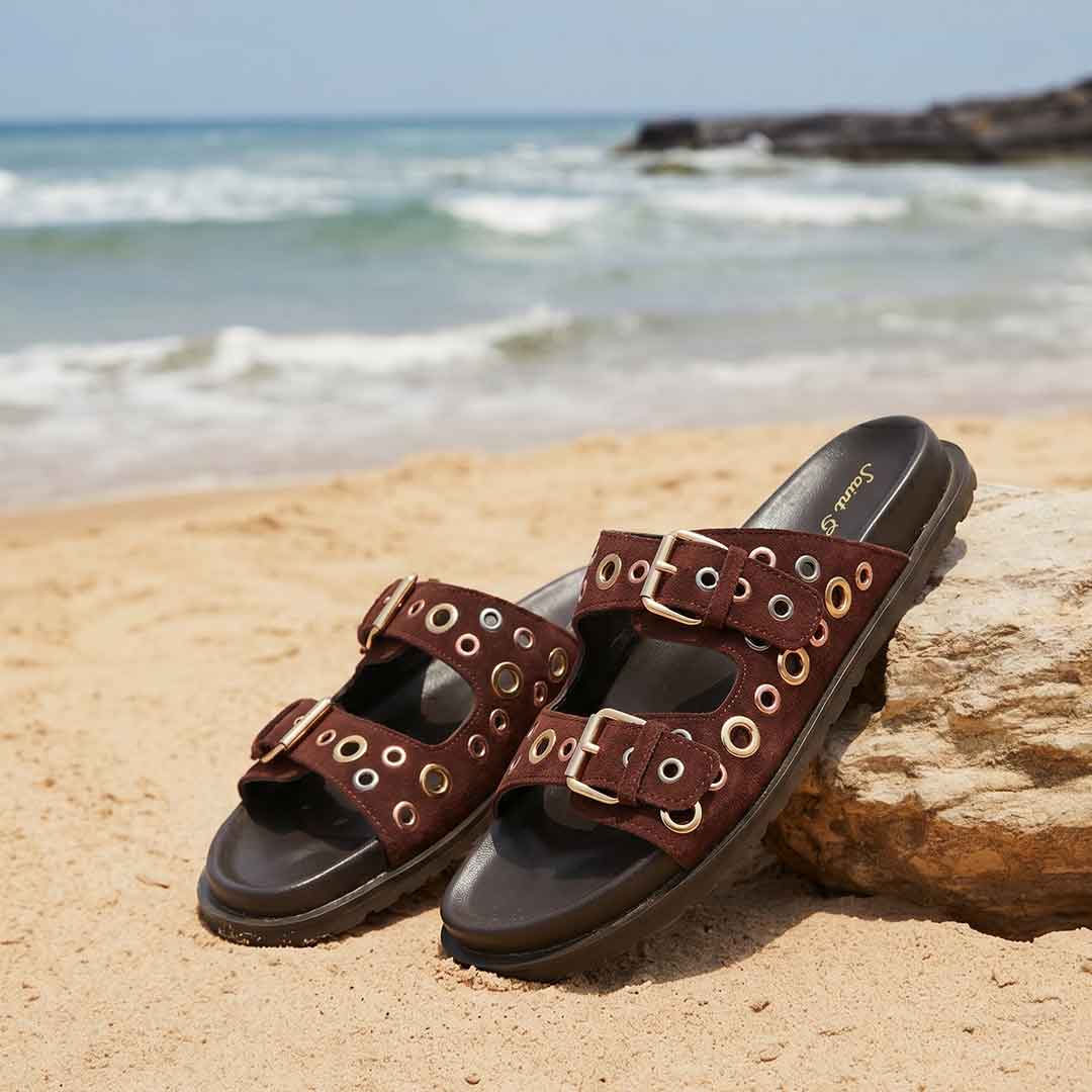 Saint Grethe Eyelets Bordo Suede Leather Footbed Sandals - Image 2