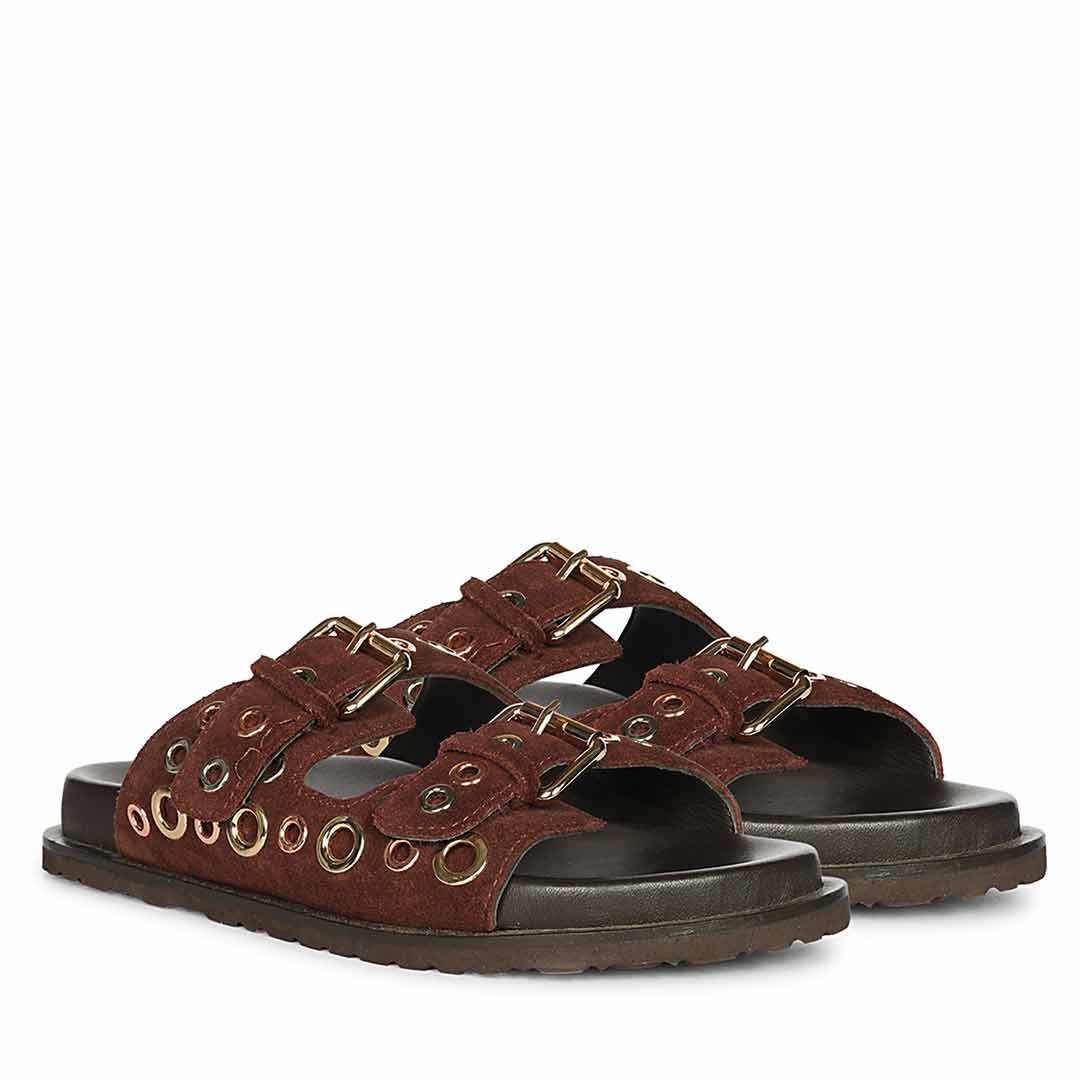 Saint Grethe Eyelets Bordo Suede Leather Footbed Sandals - Image 3