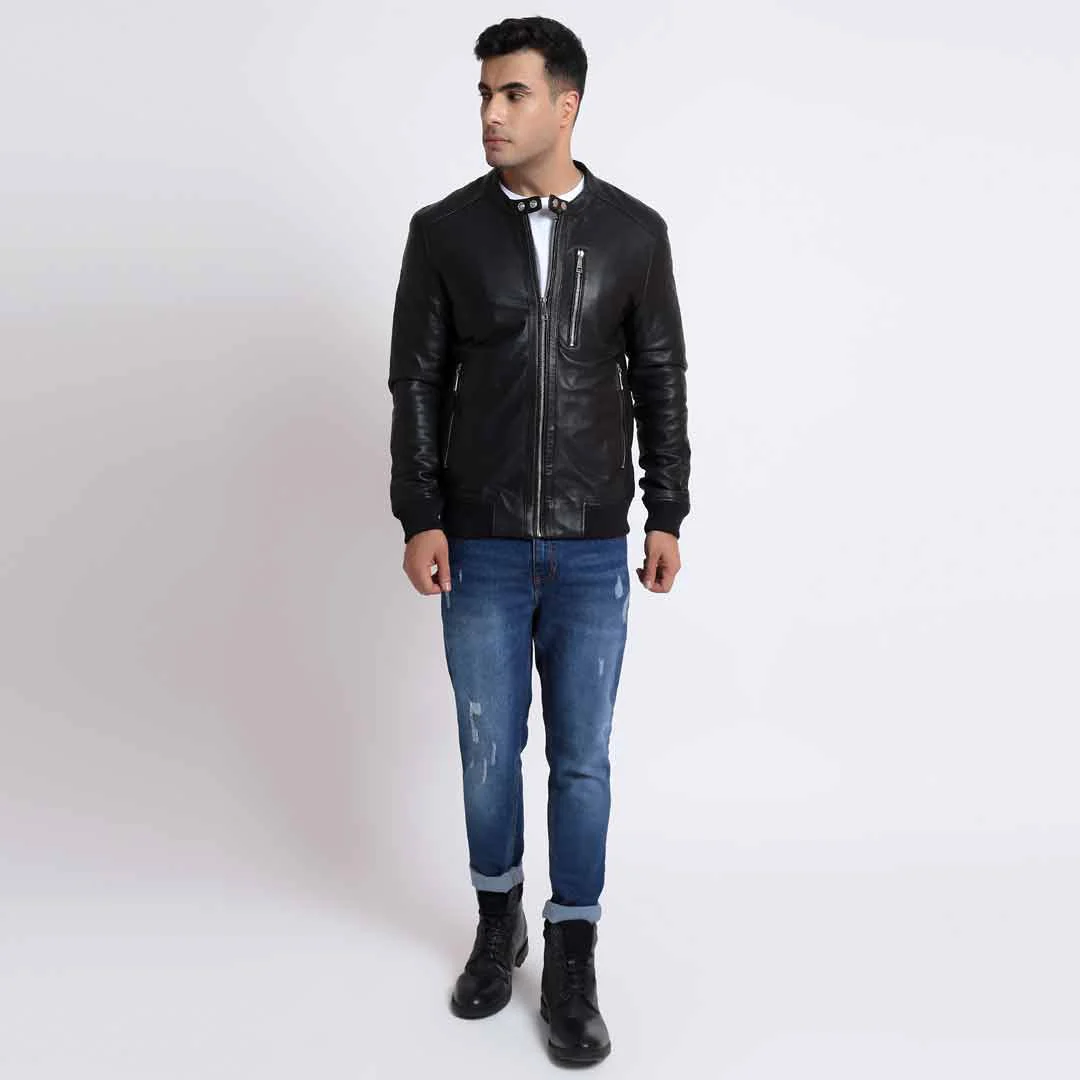 Saint Haden Men's Black Leather Skull Bomber Jackets - Image 6