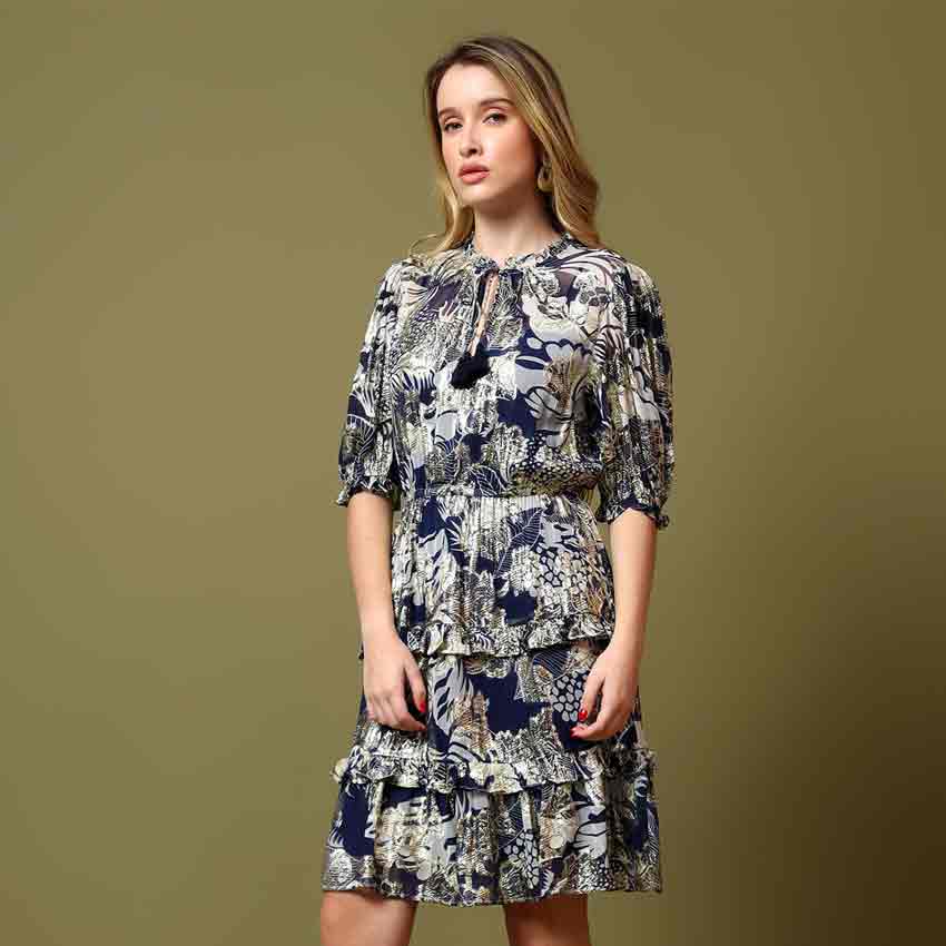 Saint Womens Blue Printed Viscose Lurex Short Dress - Image 2