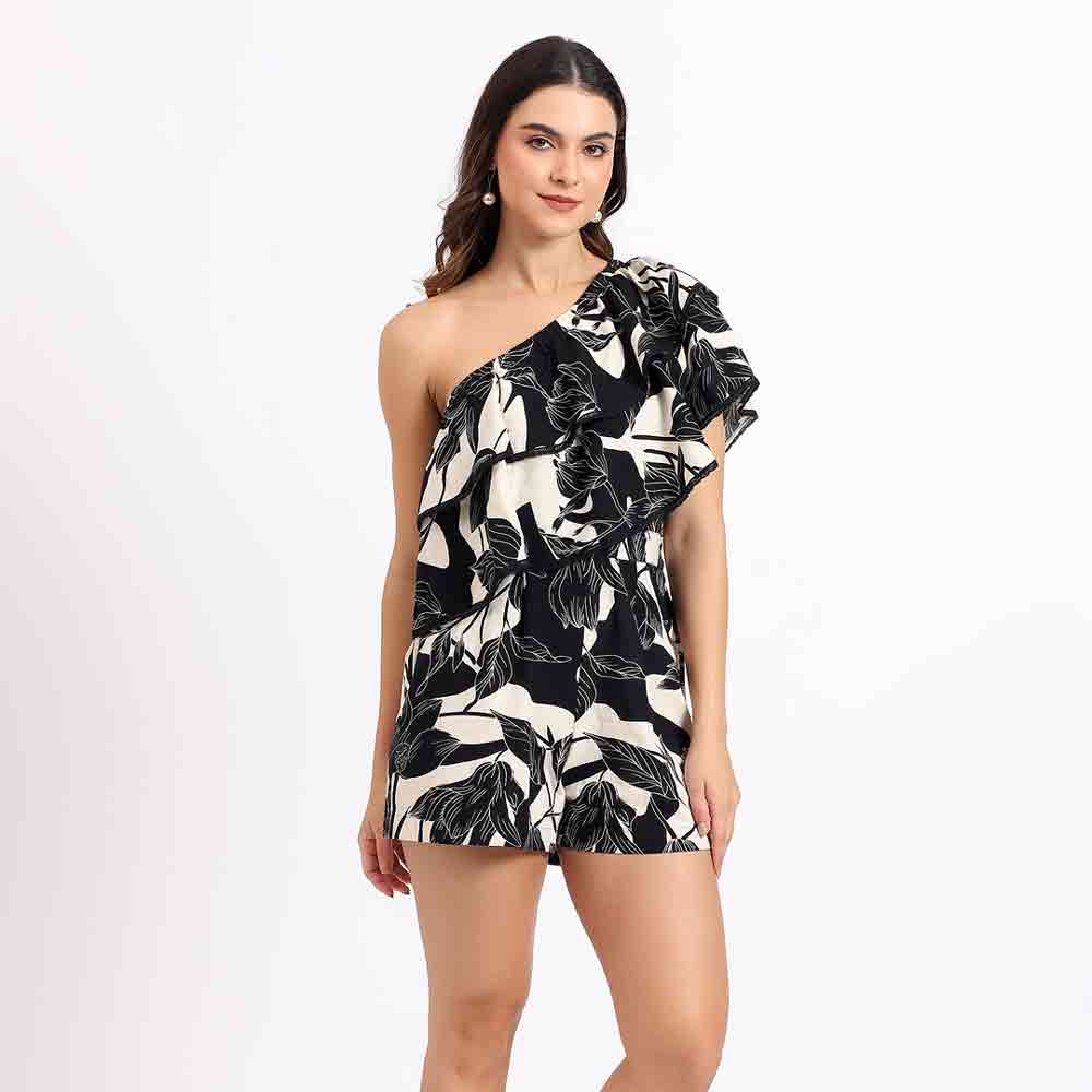 Saint Womens Printed Black Cotton Linen Playsuit Dress - Image 4