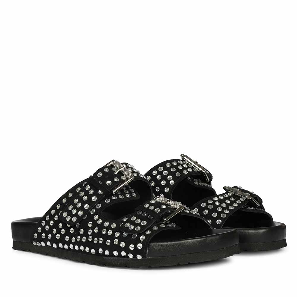 Saint Heidi Silver Strass Black Leather Flats - Image 2