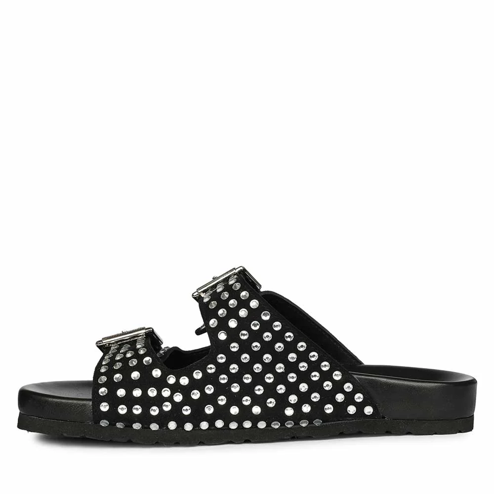 Saint Heidi Silver Strass Black Leather Flats - Image 3