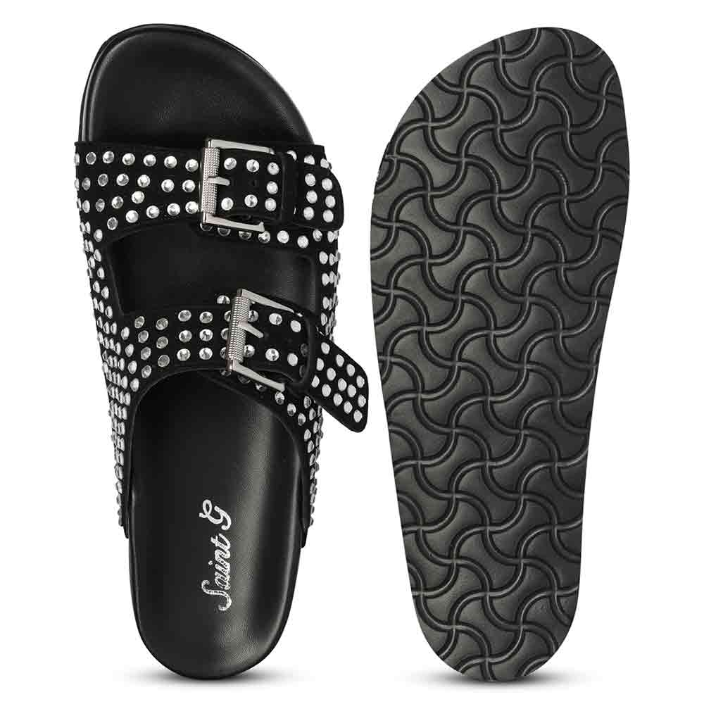 Saint Heidi Silver Strass Black Leather Flats - Image 6