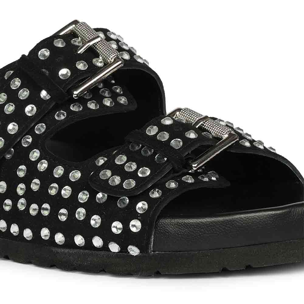 Saint Heidi Silver Strass Black Leather Flats - Image 7