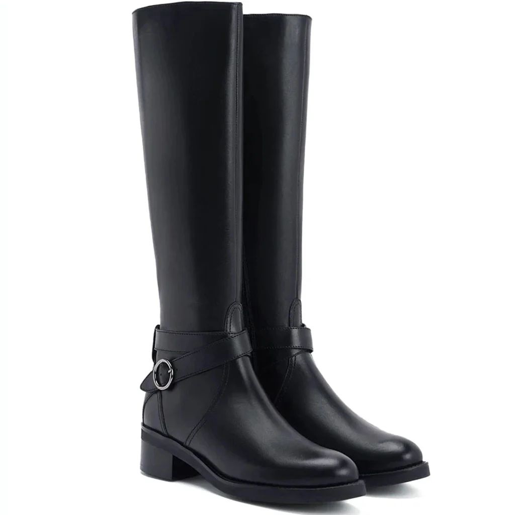 Saint Hermione Buckle Wrap Strap Black Leather Knee High Boots - Image 3