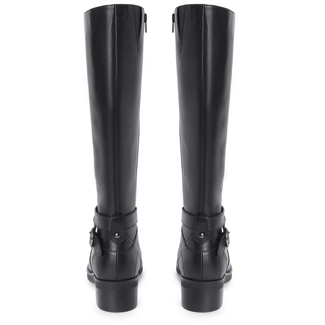Saint Hermione Buckle Wrap Strap Black Leather Knee High Boots - Image 6