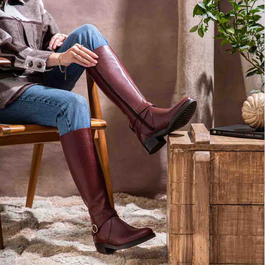 Saint Hermione Buckle Wrap Strap Teak Leather Knee High Boots - Image 2