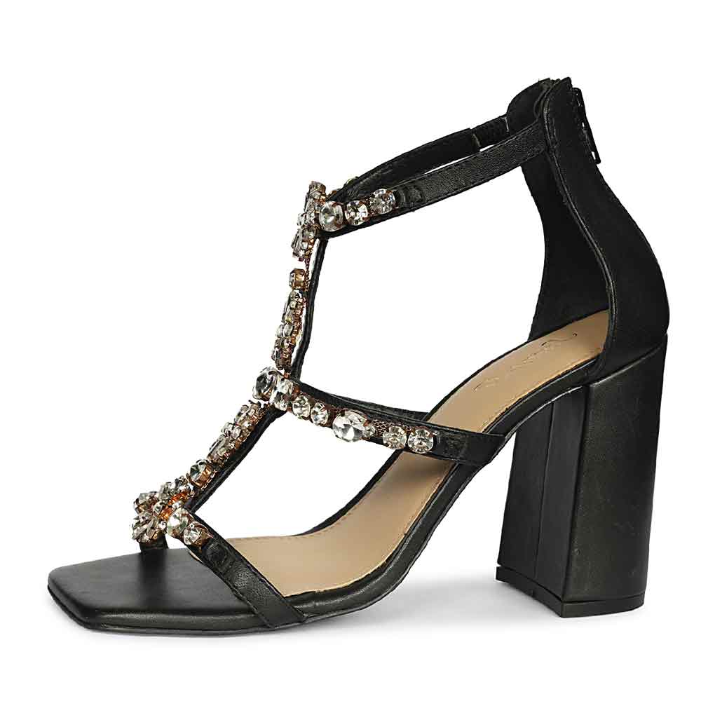 Saint Holly Crystal Stone Black Leather Block Heels - Image 3