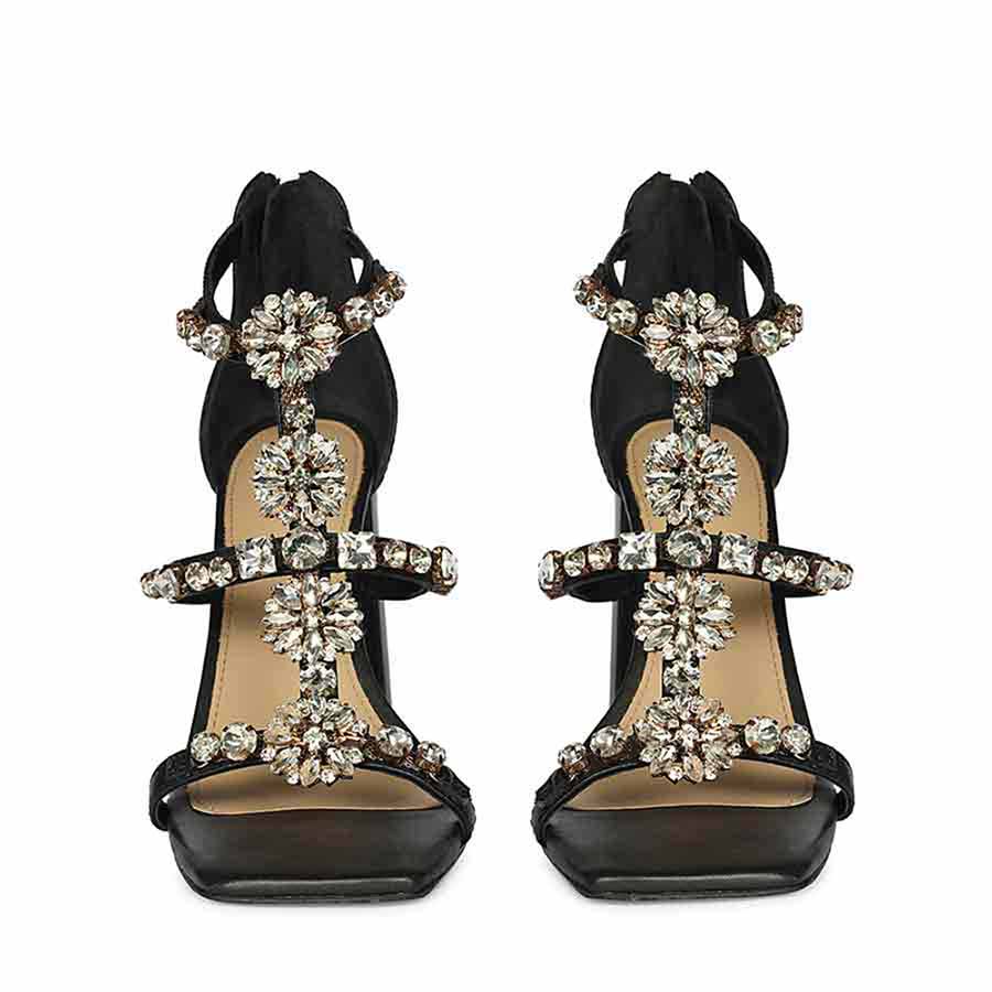 Saint Holly Crystal Stone Black Leather Block Heels - Image 4