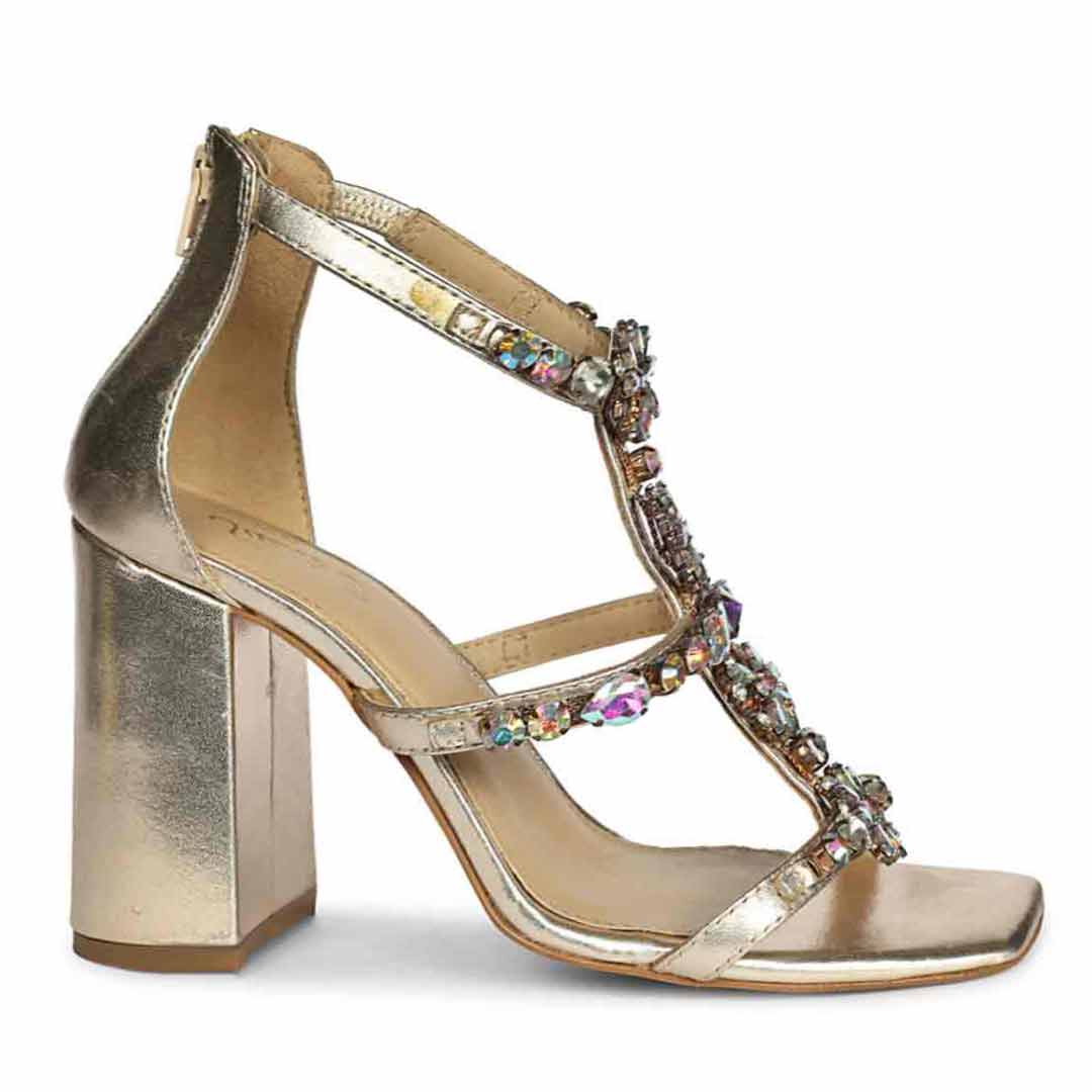 Saint Holly Rainbow Stone Metallic Gold Leather Block Heels