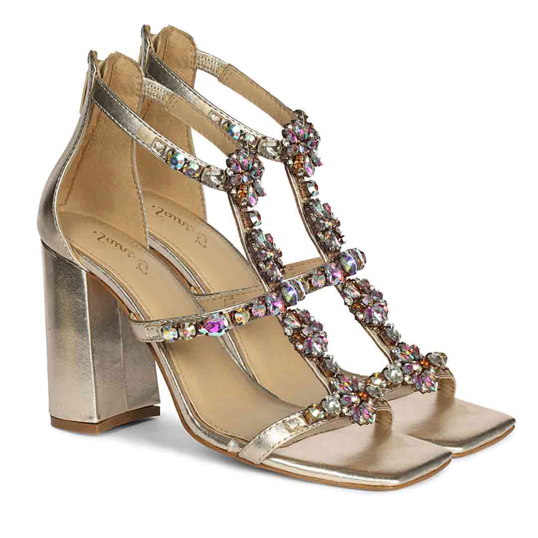 Saint Holly Rainbow Stone Metallic Gold Leather Block Heels - Image 2