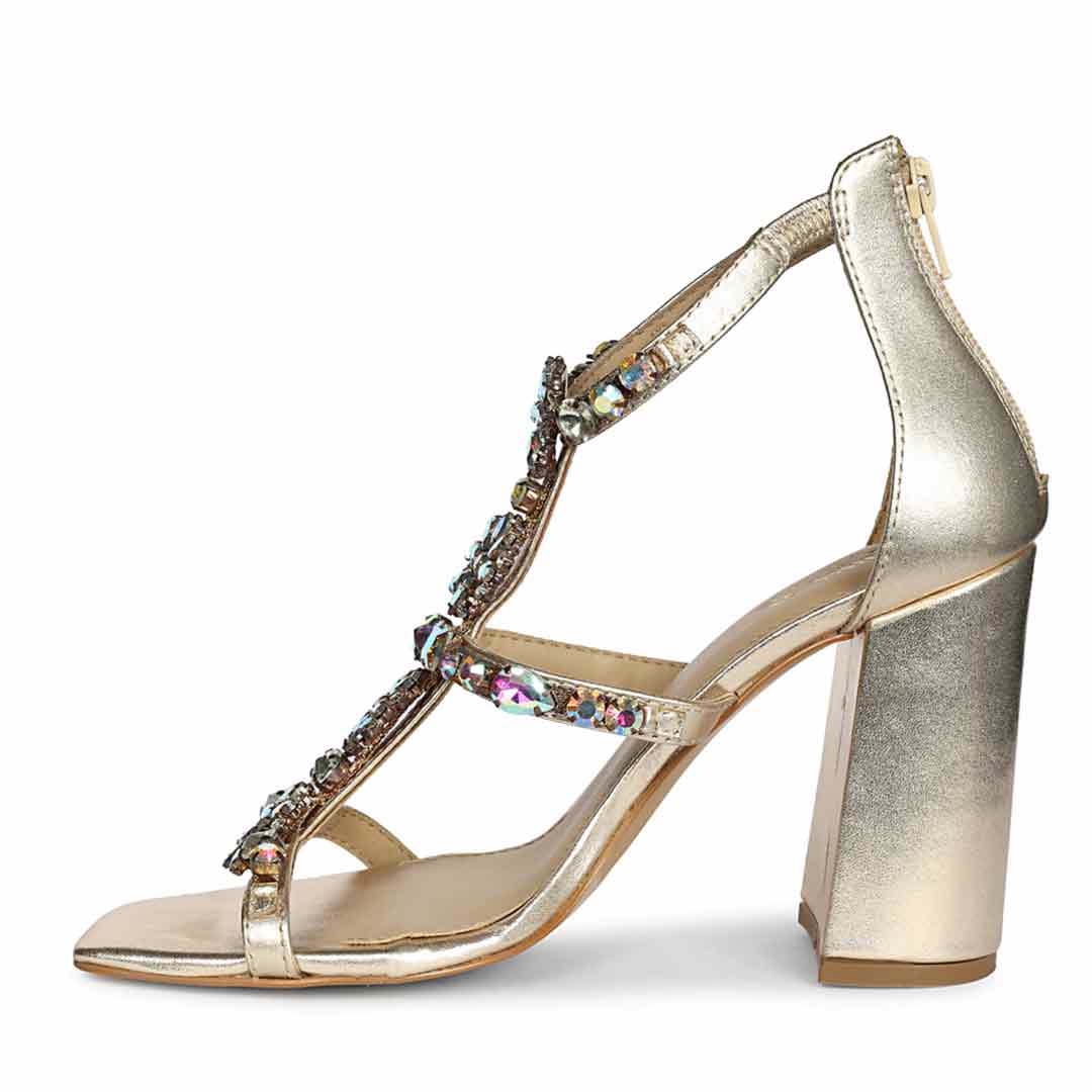 Saint Holly Rainbow Stone Metallic Gold Leather Block Heels - Image 3