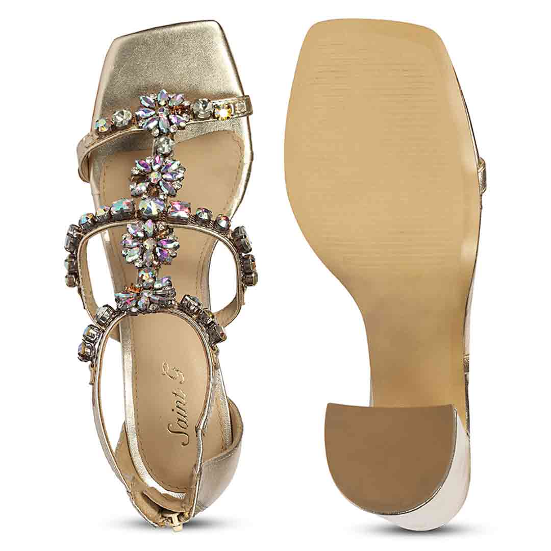 Saint Holly Rainbow Stone Metallic Gold Leather Block Heels - Image 6
