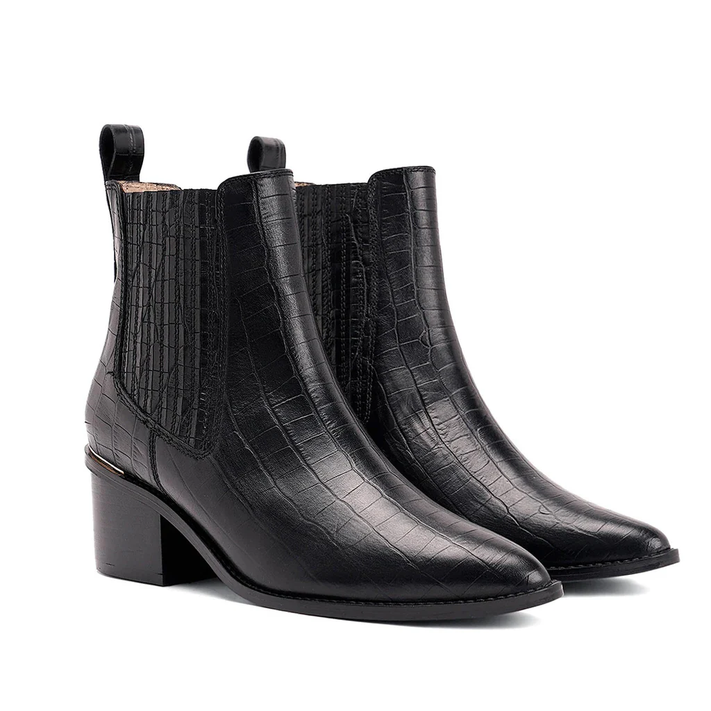 Saint Ilaria Black Croco Print Leather Ankle Boots - Image 3