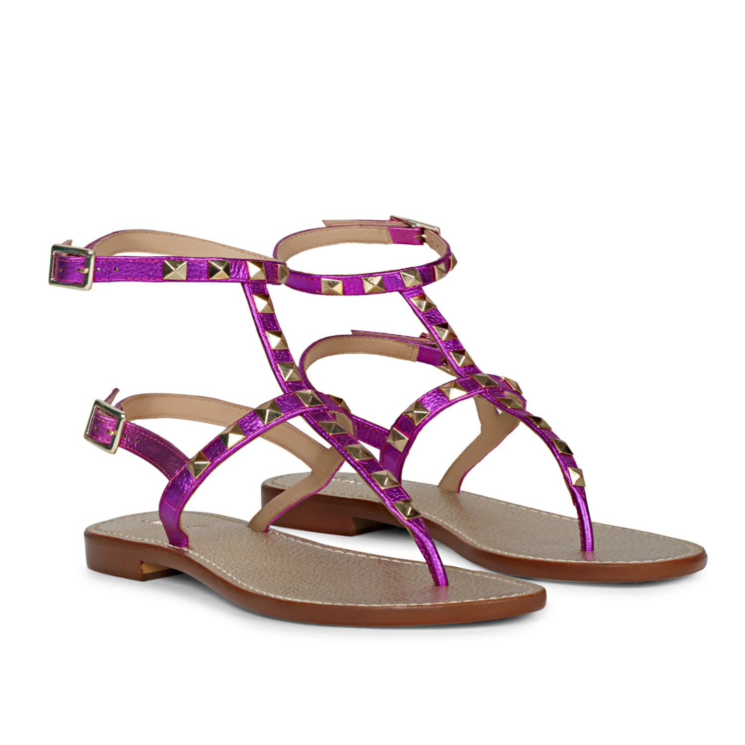 Saint Irene Hot Pink Leather Metal Studded Flat Sandals - Image 2