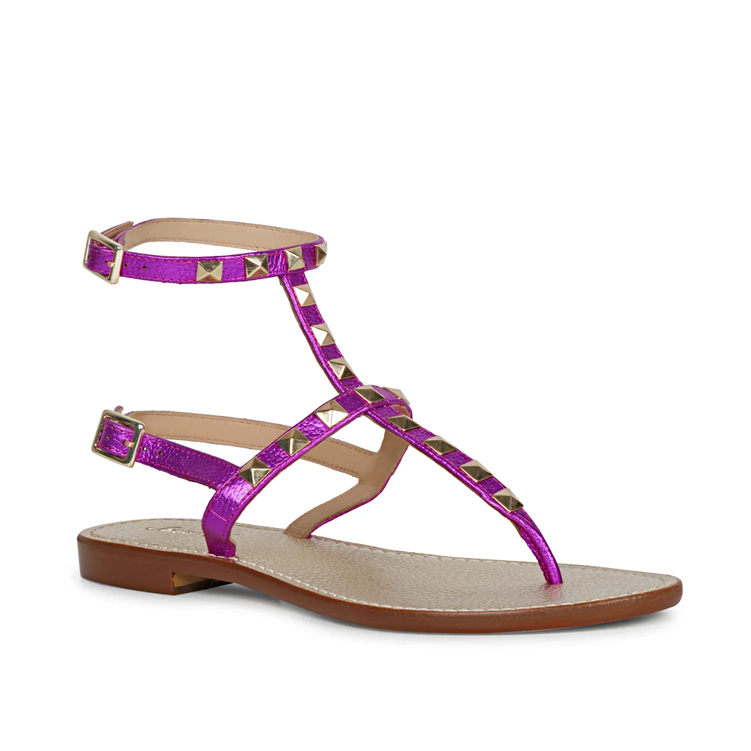 Saint Irene Hot Pink Leather Metal Studded Flat Sandals - Image 3
