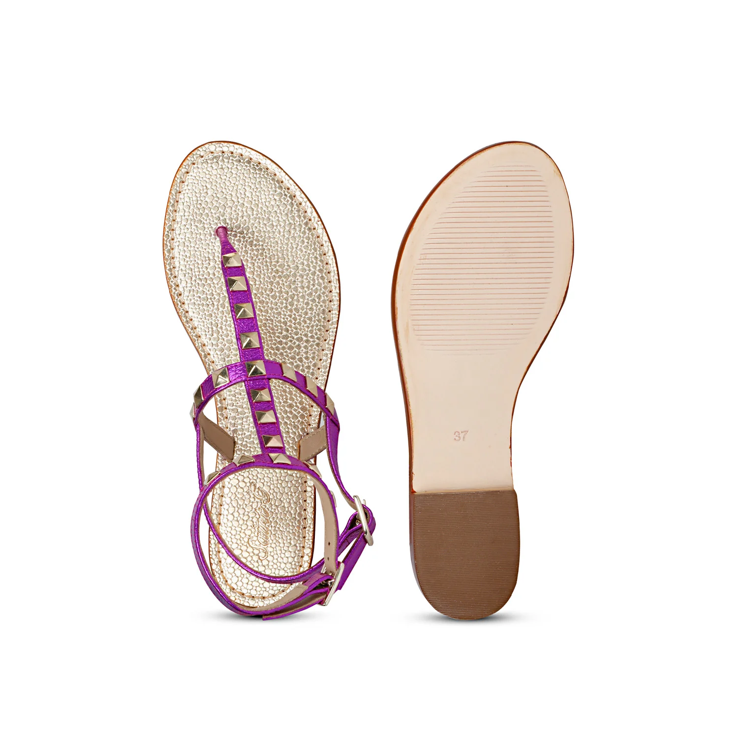Saint Irene Hot Pink Leather Metal Studded Flat Sandals - Image 6