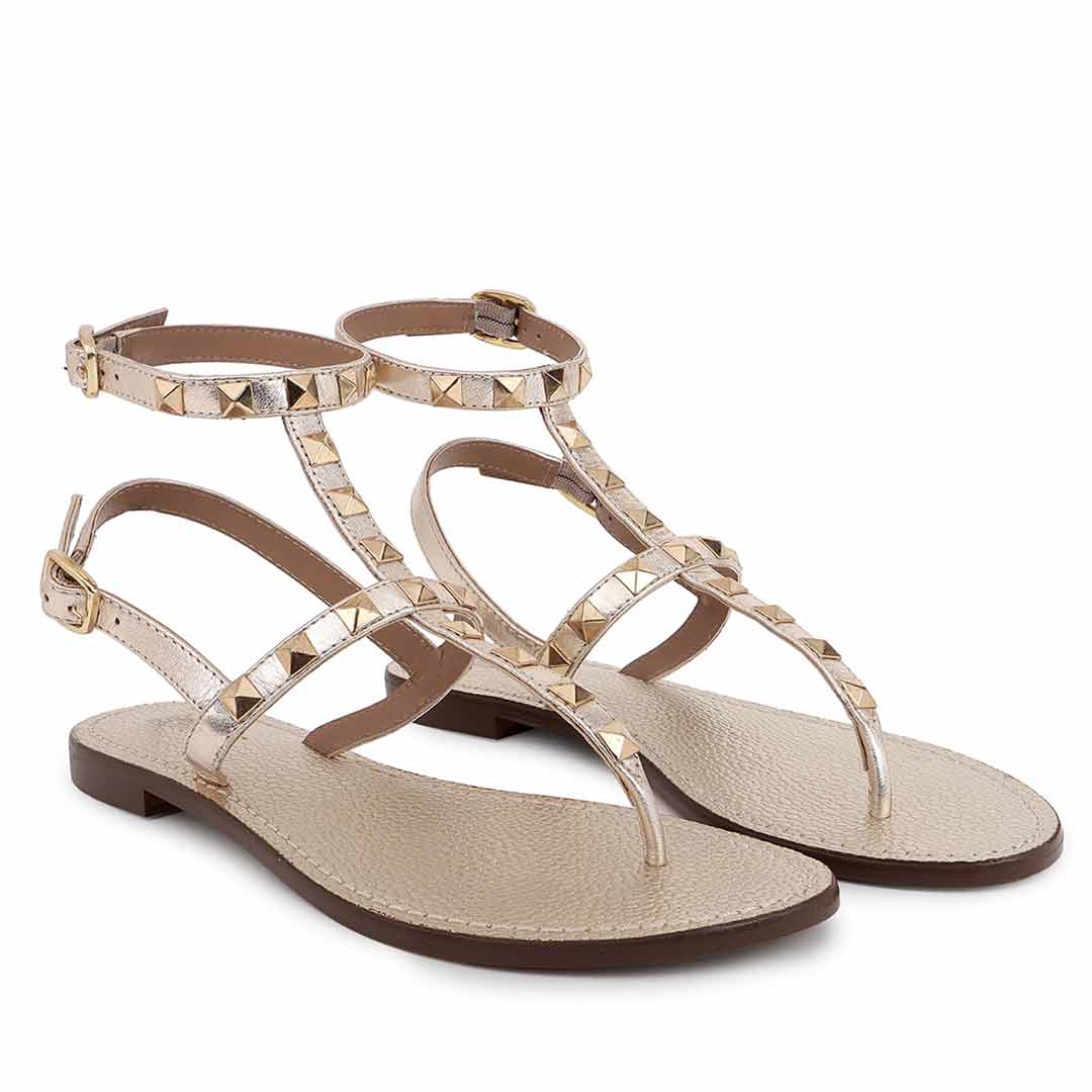 Saint Irene Platin Leather Metal Studded Flat Sandals. - Image 3