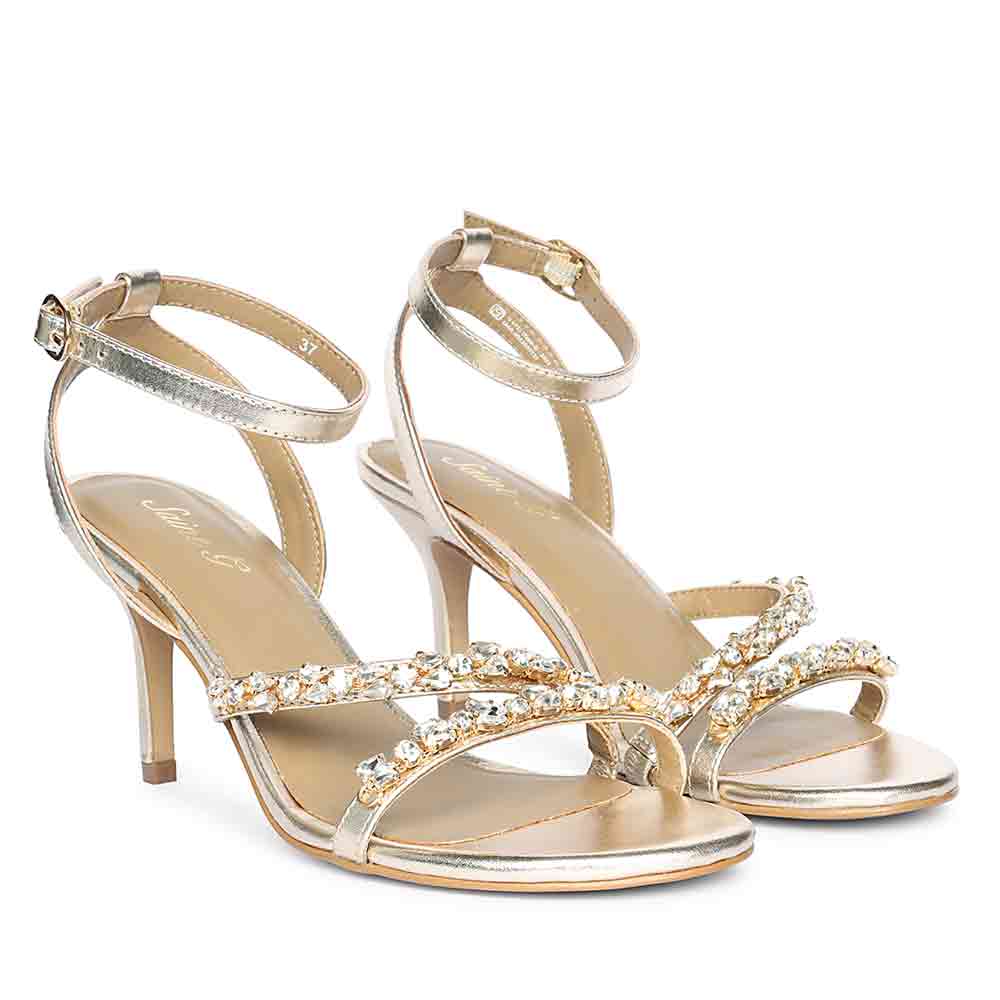 Saint Isla Stone Embellished Gold Leather Strappy Stilettos - Image 3