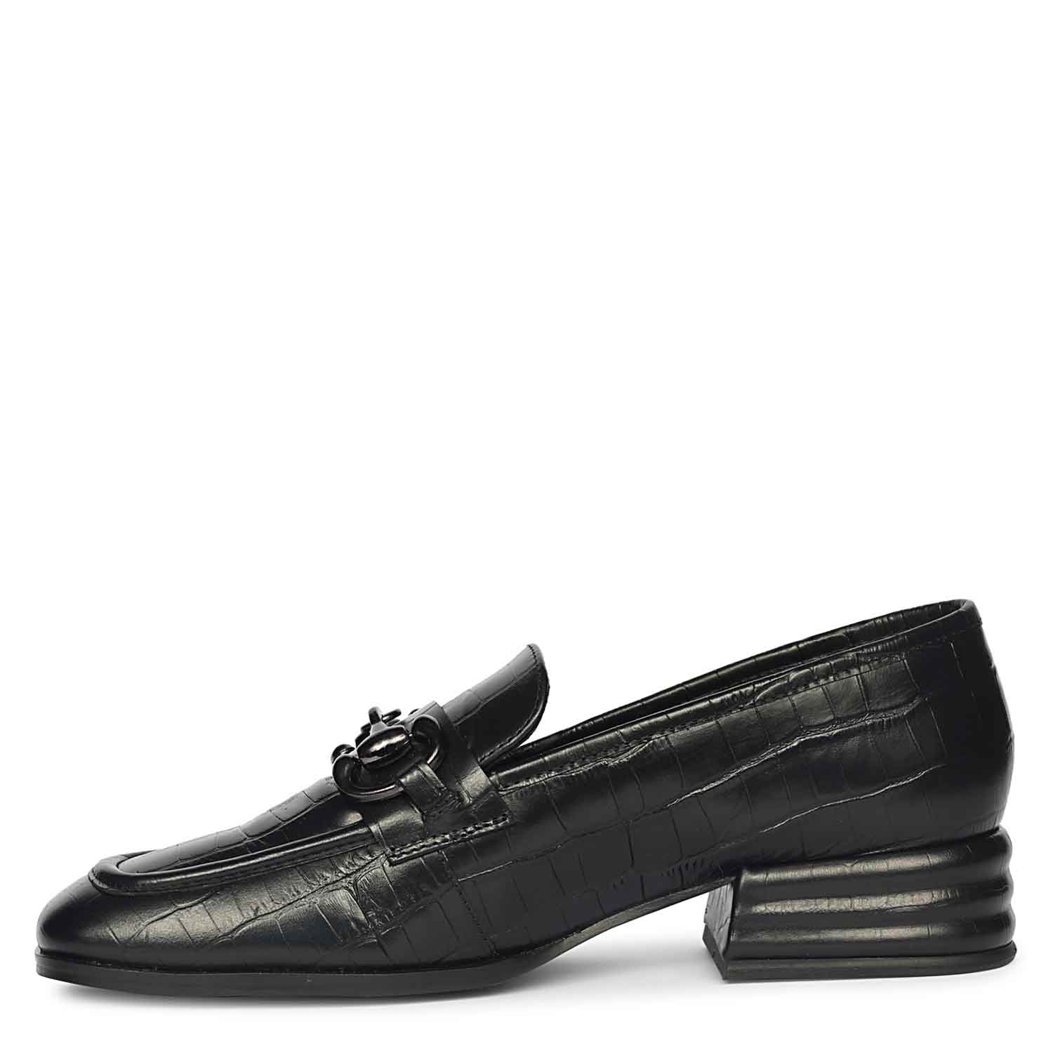 Saint Jacqueline Croc Embossed Black Leather Moccasins - Image 5