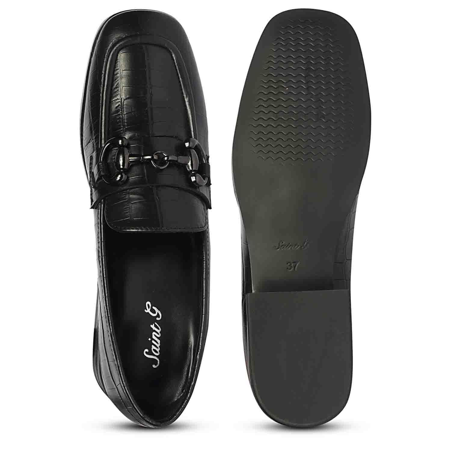 Saint Jacqueline Croc Embossed Black Leather Moccasins - Image 7