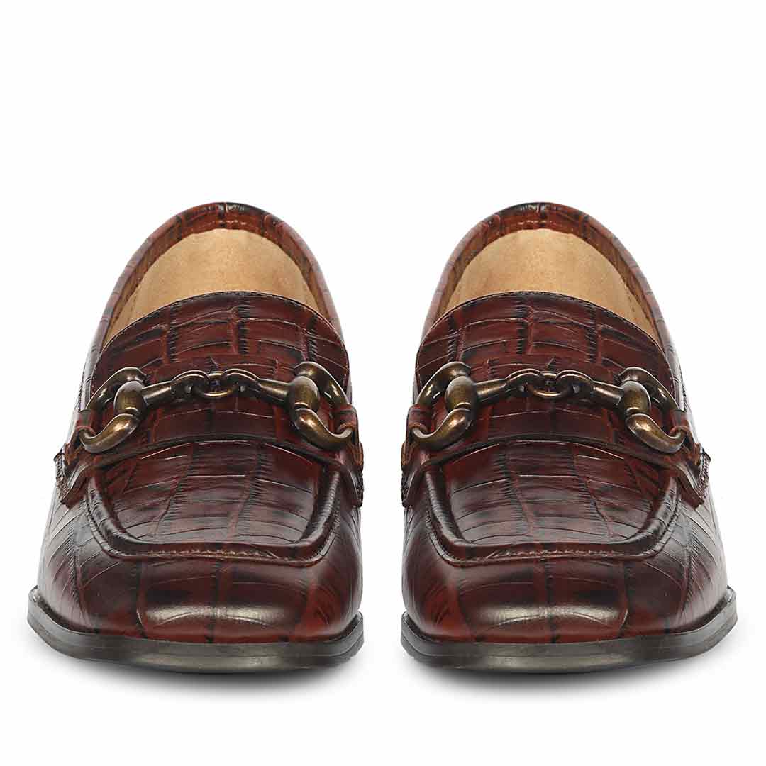 Saint Jacqueline Croc Embossed Choco Leather Moccasins - Image 4
