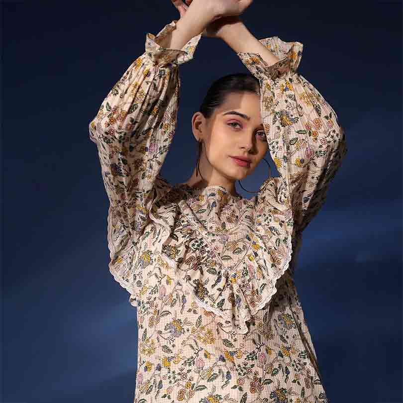 Saint Womens Ivory Ruffle Floral Viscose Dobby Tunic - Image 4