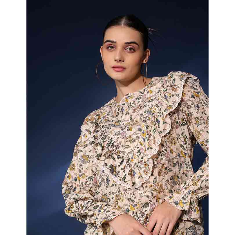 Saint Womens Ivory Ruffle Floral Viscose Dobby Tunic - Image 5