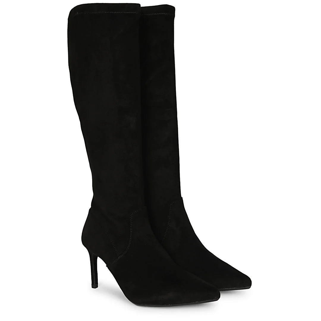 Saint Jemima Black Stretch Suede Stiletto Knee High Long Boots - Image 3