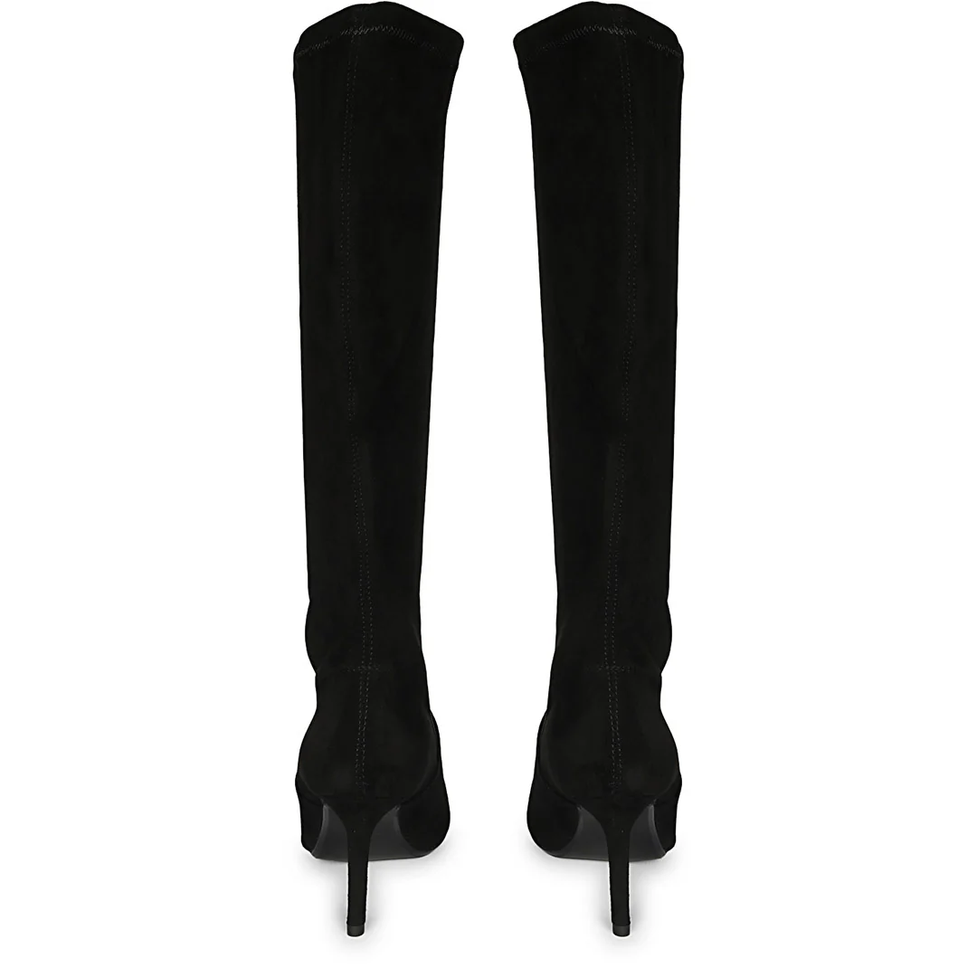 Saint Jemima Black Stretch Suede Stiletto Knee High Long Boots - Image 6