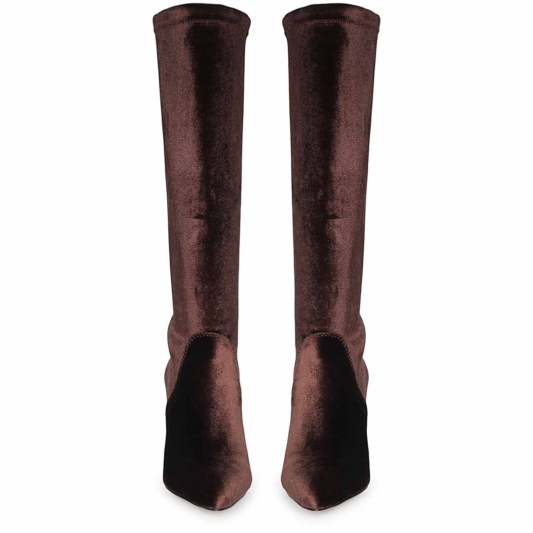 Saint Jemima Bordo Stretch Velvet Knee High Stiletto Boots - Image 2