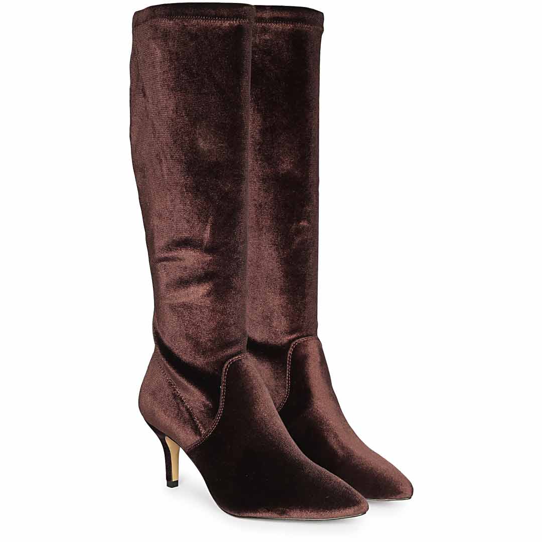 Saint Jemima Bordo Stretch Velvet Knee High Stiletto Boots - Image 4