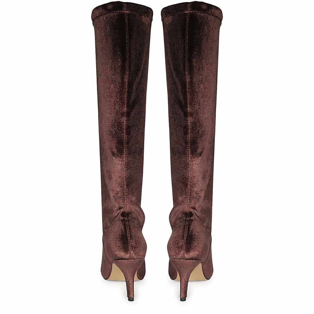 Saint Jemima Bordo Stretch Velvet Knee High Stiletto Boots - Image 5