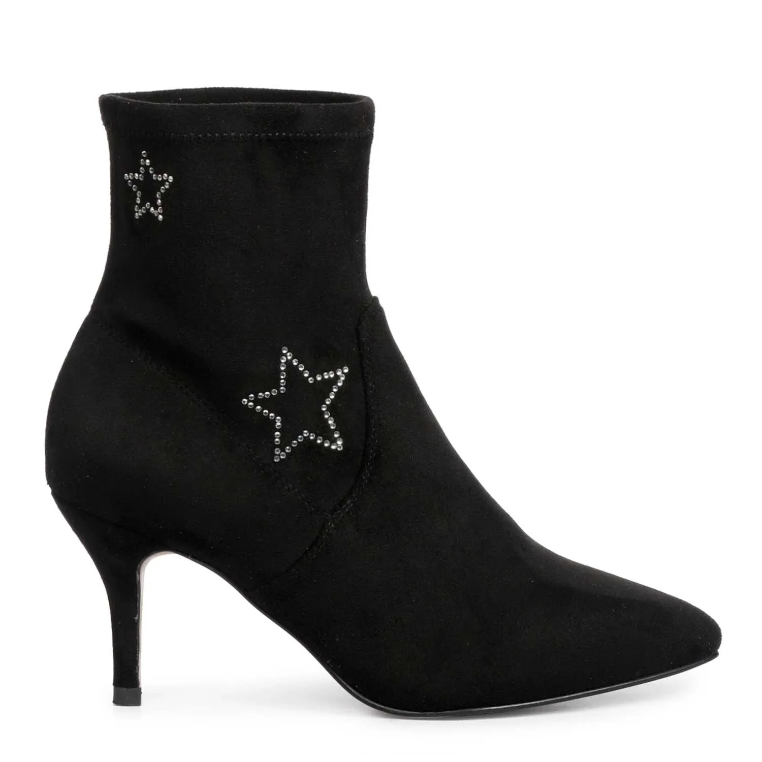 Saint Penelope Star Embellished Black Stretch Suede Stiletto Ankle Boots